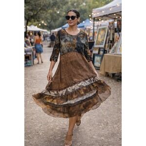 Mezon Boho Layered Dress M Brown Patchwork Sheer Hem Art to Wear Festival